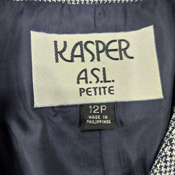 90s Vintage Navy White Houndstooth Kasper Single Button Blazer Jacket Size 12P - Picture 7 of 11